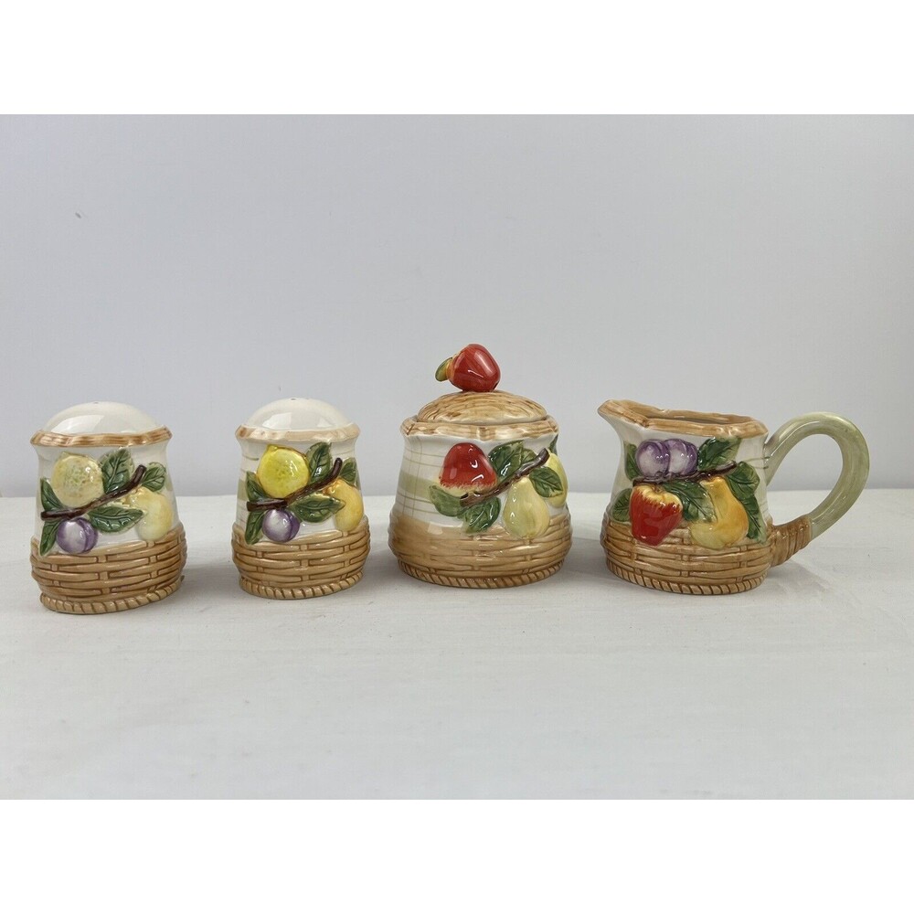 Set Of‎ 4 Creamer Sugar Salt Pepper Ceramic Fruit Design Moriage Style Decor